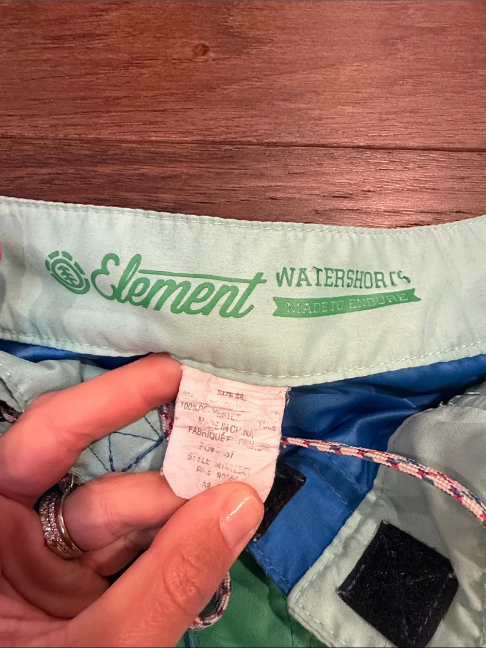 Element Blue Swim Shorts with Green & White Waist Stripes Size 38
